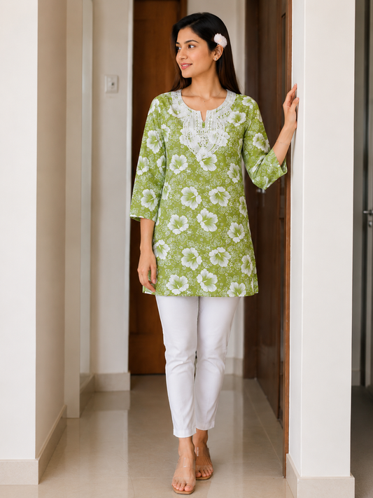 Refreshing Green Floral Print Short Kurti with Mirror Work