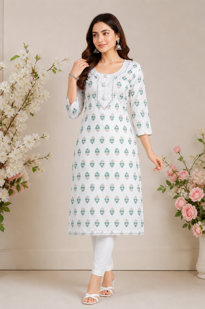 White Floral Print Kurta with Button Placket & Embroidered Hem
