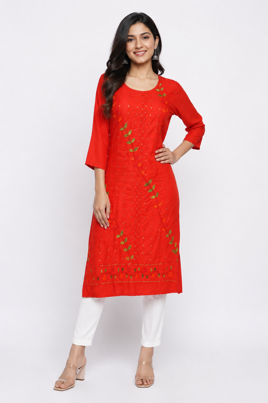 Elegant Crimson Red Embroidered Kurta with Leaf Motifs