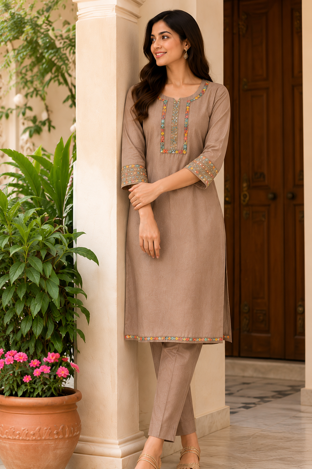 Elegant Beige Straight Long Kurti Set with Multi-Color Embroidery
