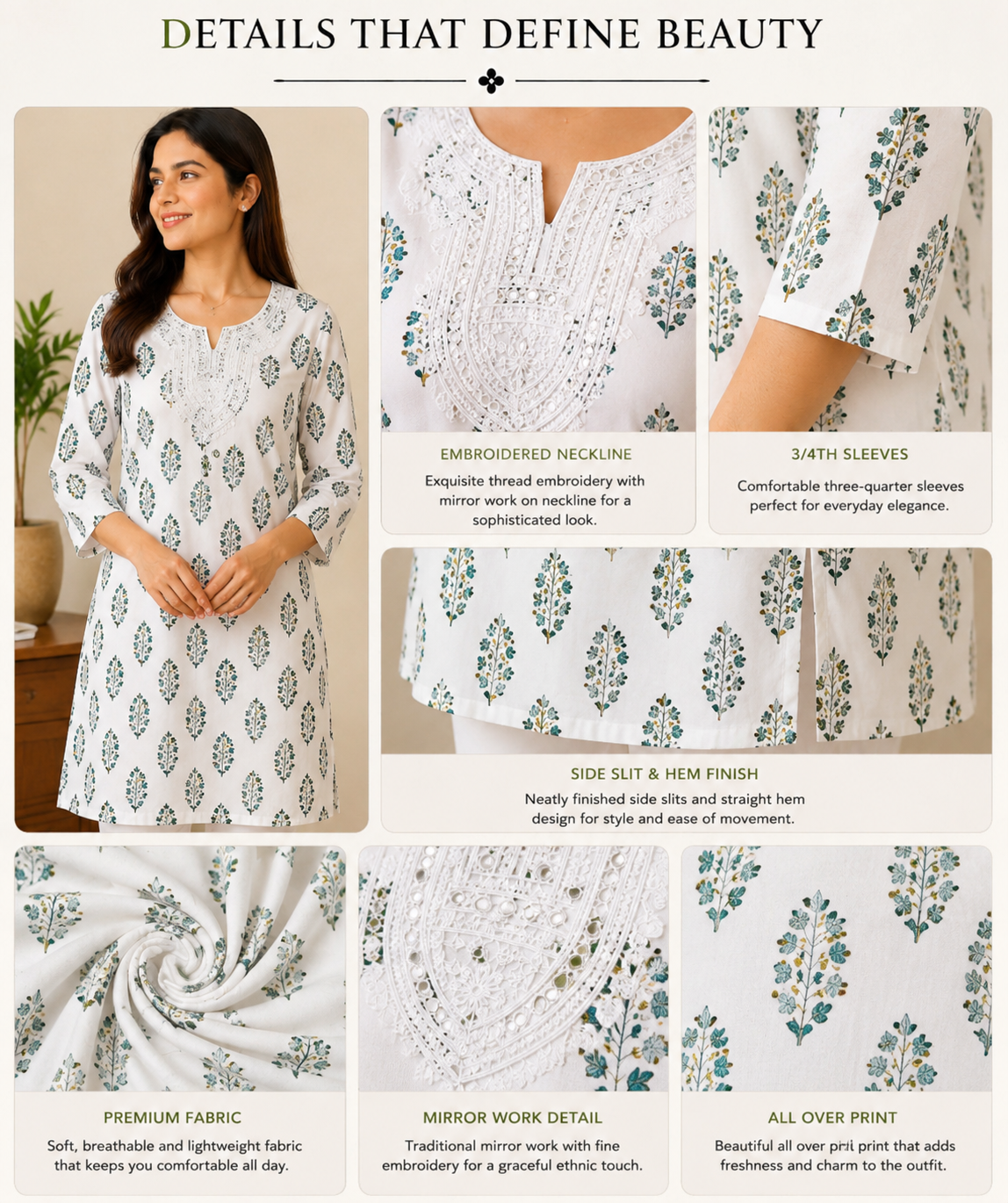 Pure White Printed Short Kurti with Embroidered Mirror-Work Neckline