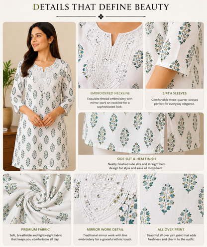 Pure White Printed Short Kurti with Embroidered Mirror-Work Neckline