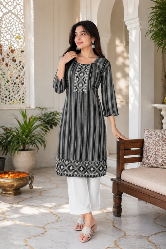 Sophisticated Black & White Striped Kurti with Elegant Embroidered Details