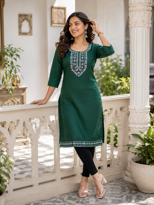 Women's Bottle Green Embroidered Kurti | Premium Rayon Blend | 3/4 Sleeves | Casual & Office Wear