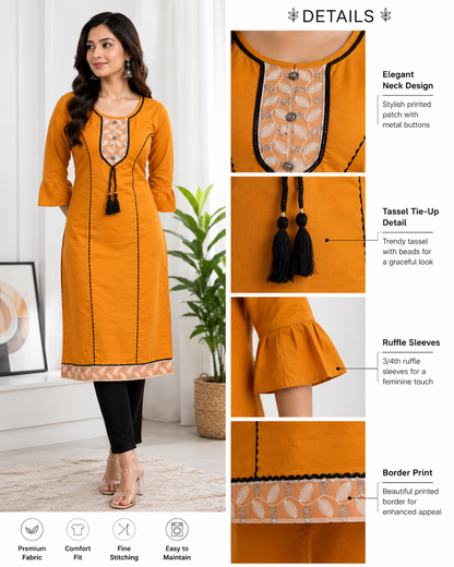 Mustard Yellow Elegant Kurta with Ruffle Sleeves and Tassel Detail