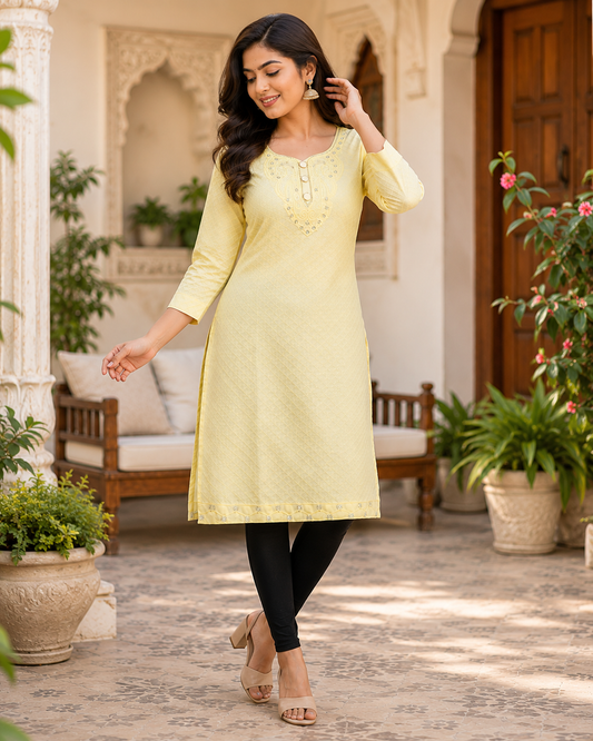 Women's Premium Embroidered Straight Kurti – Soft Cotton Blend | 3/4 Sleeves | Elegant Daily & Casual Wear | Lemon Yellow