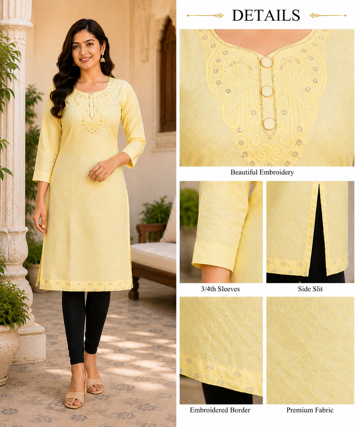 Women's Premium Embroidered Straight Kurti – Soft Cotton Blend | 3/4 Sleeves | Elegant Daily & Casual Wear | Lemon Yellow