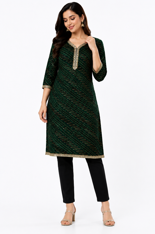 Urban's Dark Green Leheriya Print Kurti – Festive & Casual Wear
