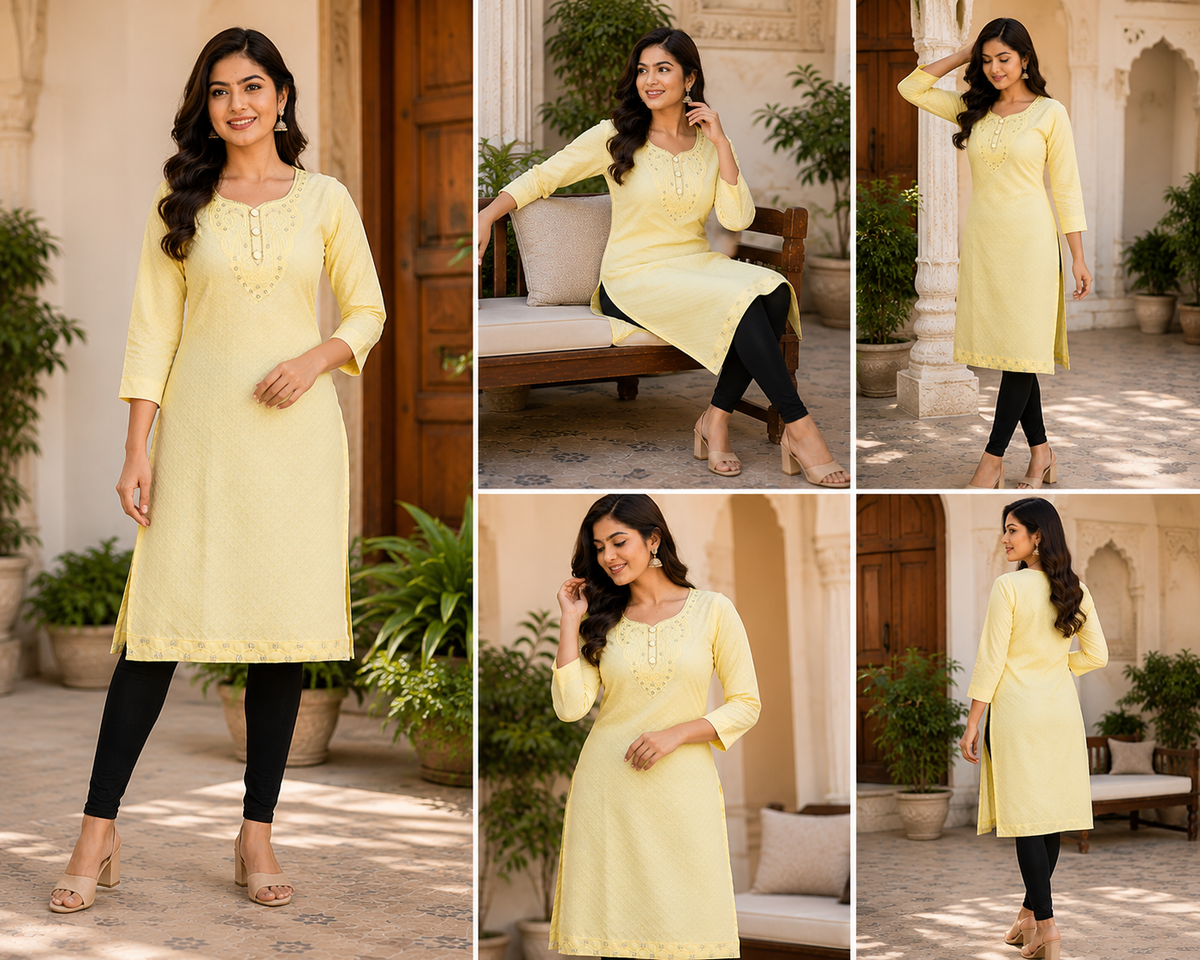 Women's Premium Embroidered Straight Kurti – Soft Cotton Blend | 3/4 Sleeves | Elegant Daily & Casual Wear | Lemon Yellow