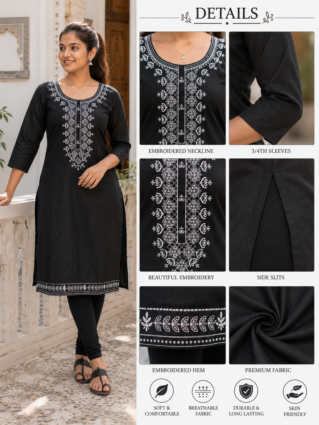 Women's Black Embroidered Kurti | 3/4 Sleeves | Casual, Office & Daily Wear