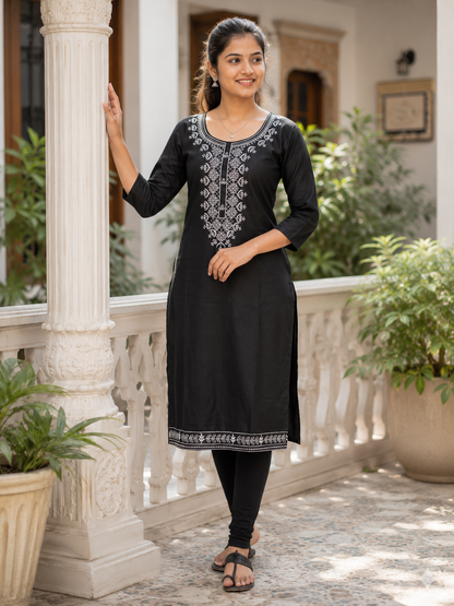 Women's Black Embroidered Kurti | 3/4 Sleeves | Casual, Office & Daily Wear