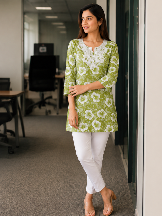 Refreshing Green Floral Print Short Kurti with Mirror Work