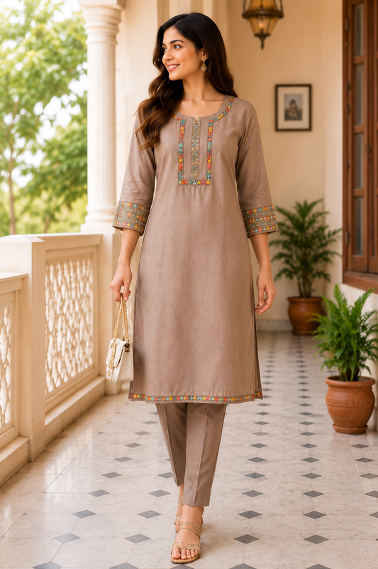 Elegant Beige Straight Long Kurti Set with Multi-Color Embroidery