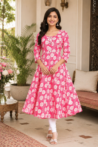 Vibrant Pink Floral Print A-Line Kurti with Stylish Button Placket