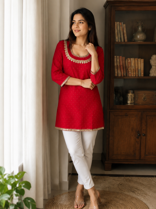 Stunning Red U-Neck Short Kurti for Party Wear