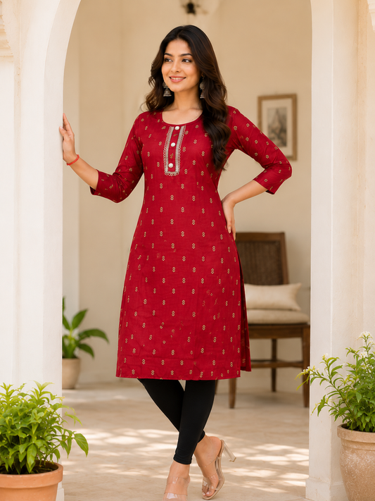 Maroon Printed Straight Kurti | Premium Cotton Blend | Embroidered Neckline | 3/4 Sleeves | Daily, Office & Casual Wear