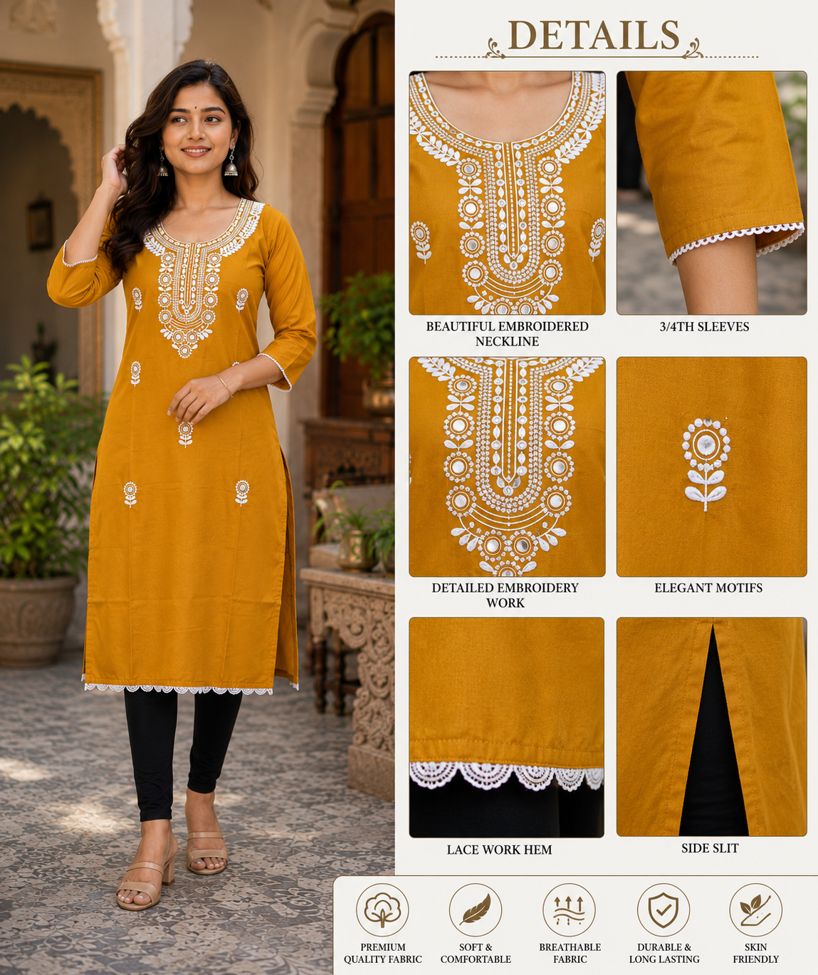 Women's Mustard Embroidered Straight Kurti | Elegant Ethnic Wear | 3/4 Sleeves