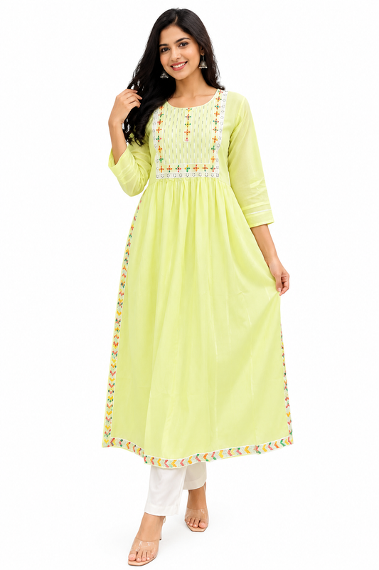 Pastel Lime Green Nayra Cut Kurti with Embroidered Yoke