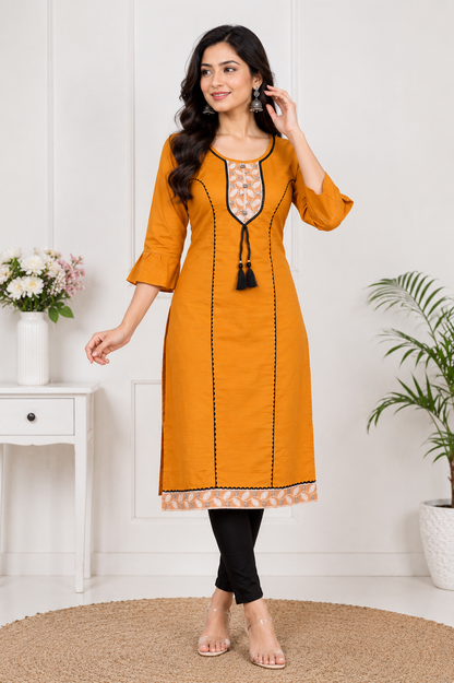 Mustard Yellow Elegant Kurta with Ruffle Sleeves and Tassel Detail