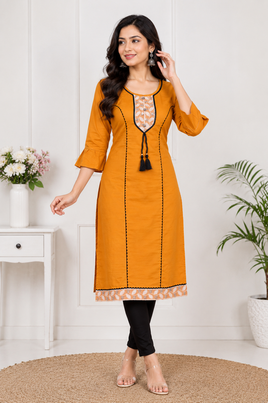 Mustard Yellow Elegant Kurta with Ruffle Sleeves and Tassel Detail