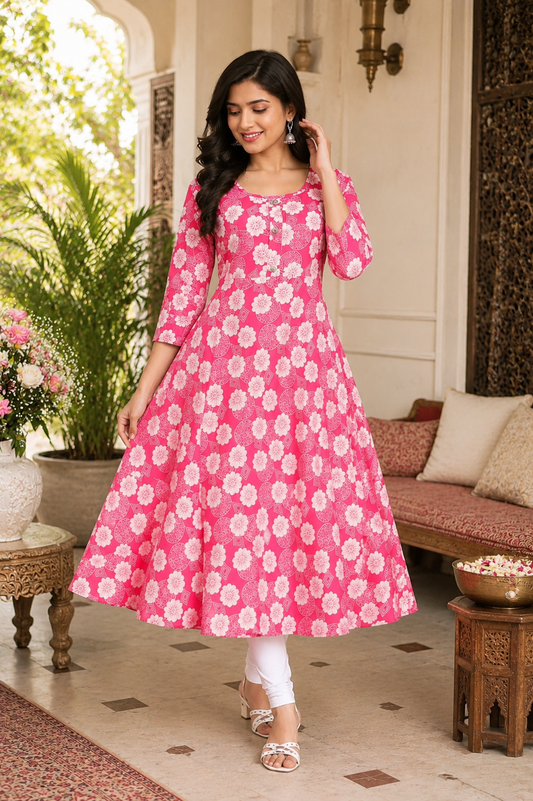 Vibrant Pink Floral Print A-Line Kurti with Stylish Button Placket