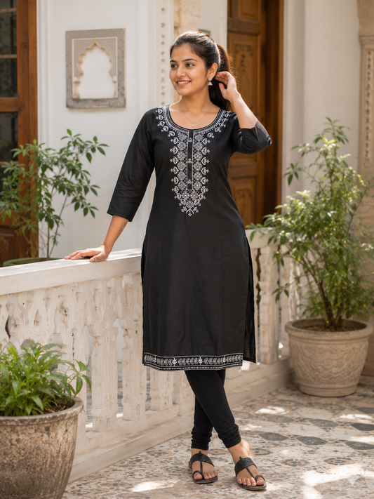 Women's Black Embroidered Kurti | 3/4 Sleeves | Casual, Office & Daily Wear