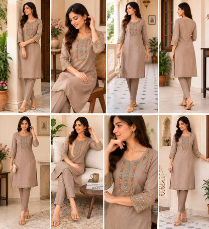 Elegant Beige Straight Long Kurti Set with Multi-Color Embroidery