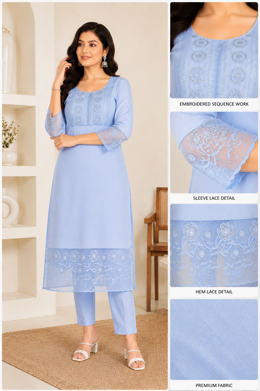 Elegant Pastel Blue Embroidered Kurta Set with Delicate Lace Details
