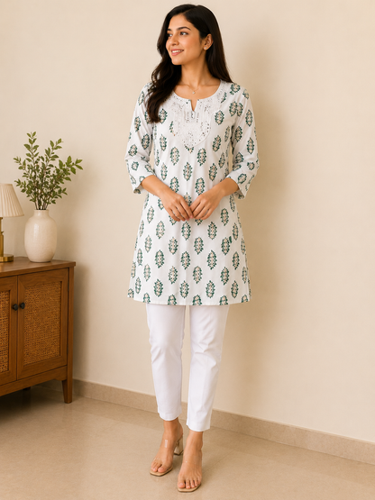 Pure White Printed Short Kurti with Embroidered Mirror-Work Neckline