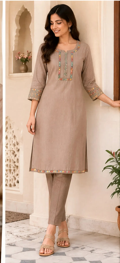 Elegant Beige Straight Long Kurti Set with Multi-Color Embroidery